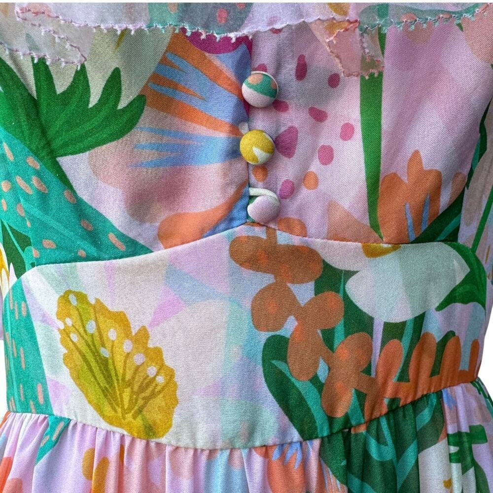 Jessie Liu Silk Summer Floral Tiered Ruffled Midi Dress Resort Pink NWT Small - Picture 5 of 9
